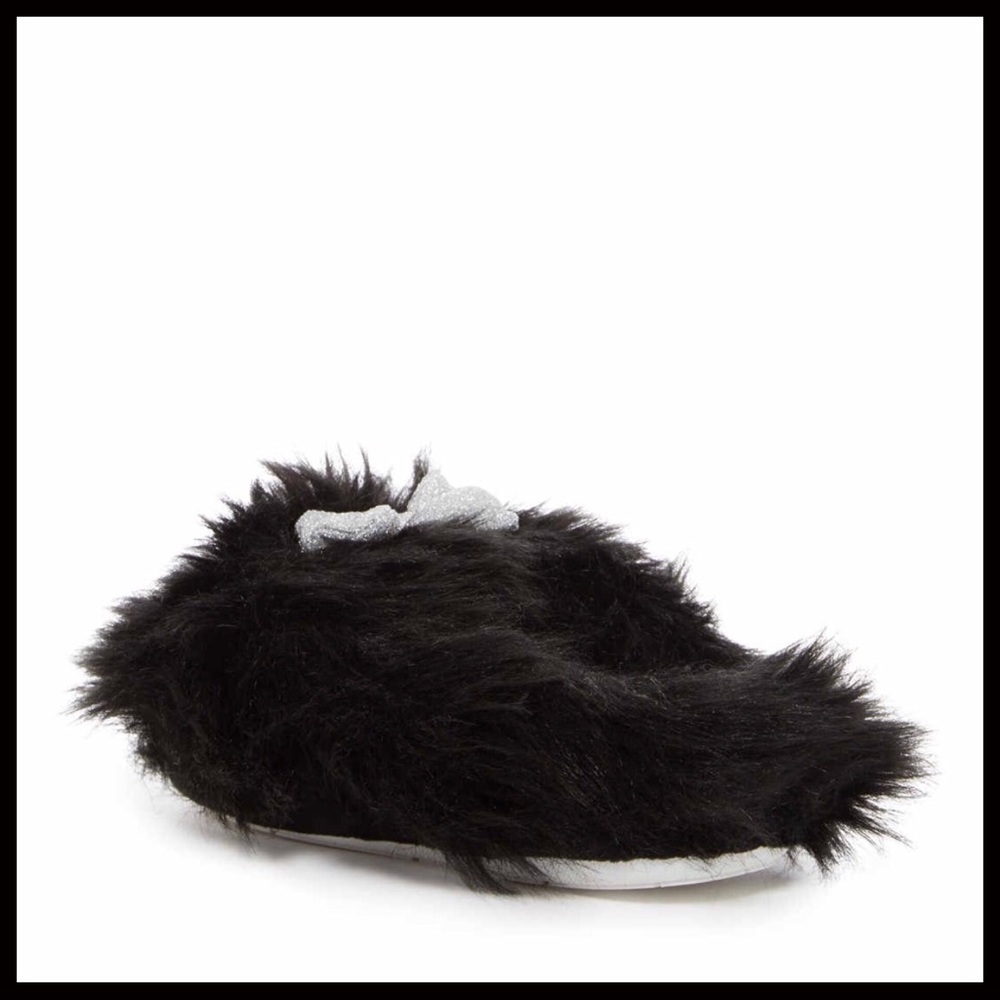 STEVE MADDEN COZY PLUSH BLACK WINTER SLIPPERS FAUX FUR METALLIC SILVER BOWS - Picture 2 of 7